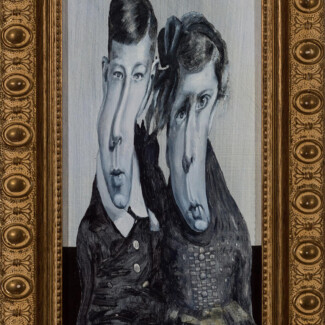 y o distorted 2022 oil on board 4.5x8.5