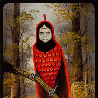 y o olga bird alkanost 2023, acrylic gouache on recycled painting, 12x24