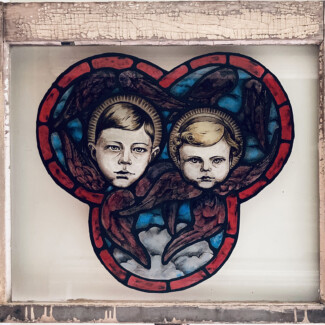 window to the yuriverse, looking in looking out show 2024 acrylics and glue on glass 28x25